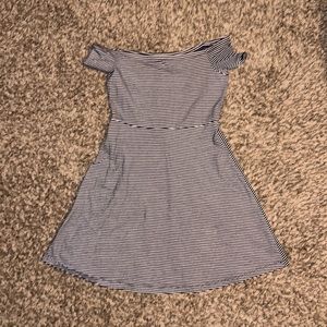 Navy Blue and White Stripe Off the Shoulder Dress